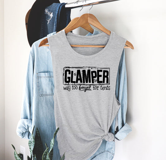 Glamper Way to Boujee for Tents, Happy Glamper, Happy Camper Camping RV Camp Novelty Women’s Racerback Tank Shirt