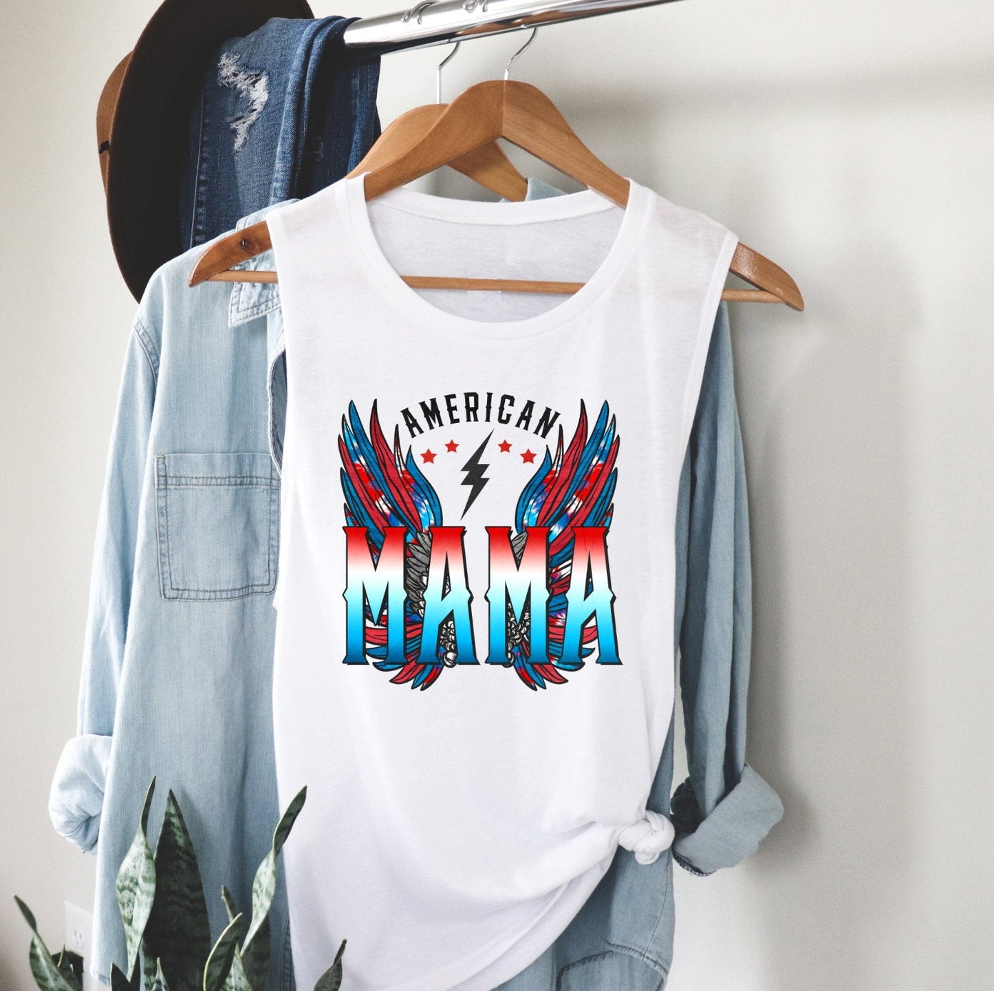 American Mama Retro Wings  Retro Wings, 4th Of July, Patriotic, Fourth of July, Muscle Tank Shirt
