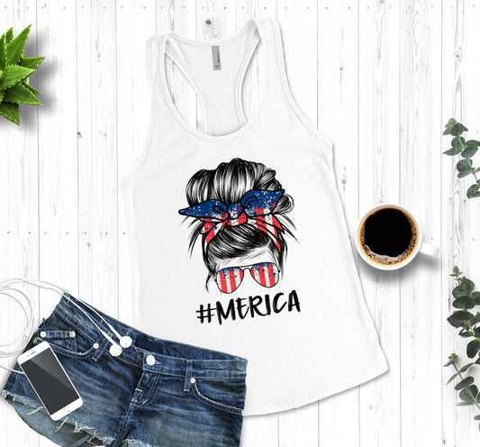 Merica Messy Bun America, 4th of July American Pride Woman&#39;s Novelty Tank Top T-Shirt