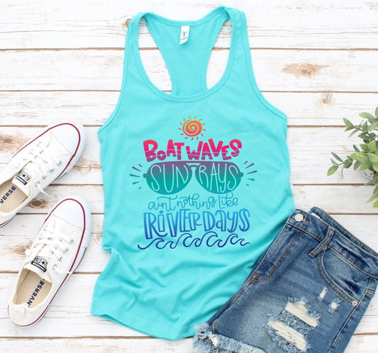 Boat Waves Sun Rays River Days , Floating River, Canoeing, Tubing Woman's Novelty Tank Top T-Shirt