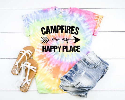 Campfires Are My Happy Place Camping Camp Camper Camping RV Tie Dye Graphic Tee T-Shirt