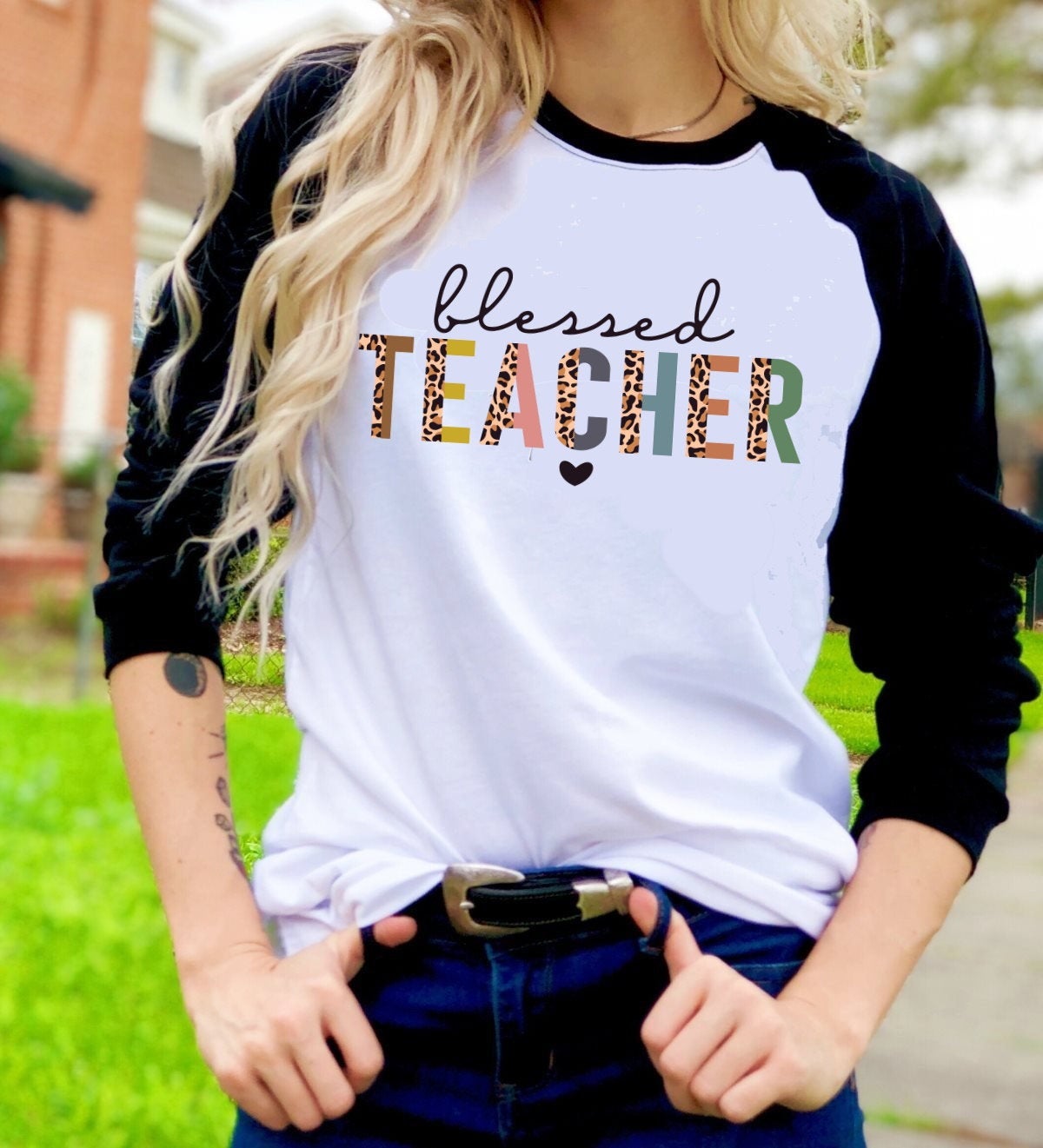 Blessed Teacher, Back To School Christian Shirt, Bible Shirt, Jesus Love, Leopard Print shirt Novelty Graphic Tee T-Shirt Raglan