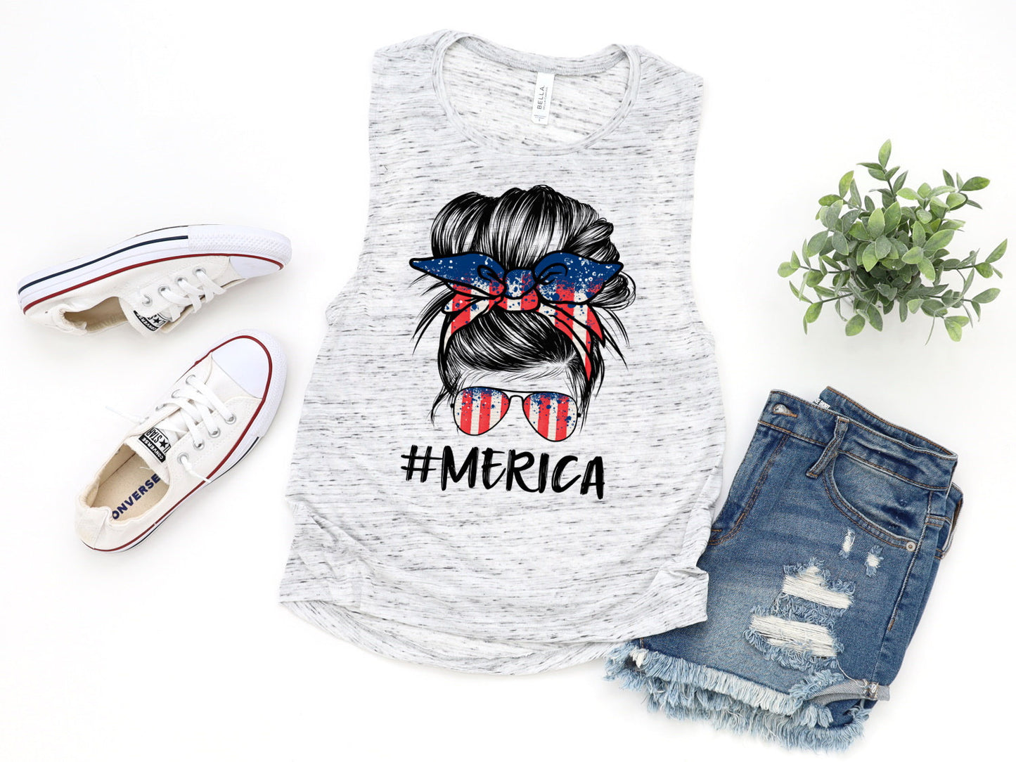 America Messy Bun, Mom Merica Patriotic, 4th July American Pride, Independence Day Novelty Women’s Flowy Scoop Muscle Tank Shirt
