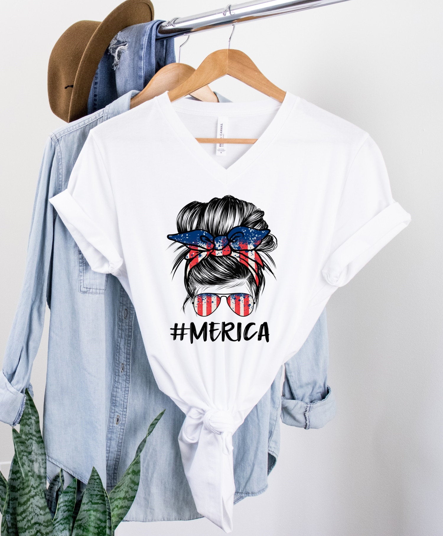 America Messy Bun Mom, Merica 4th Of July, Patriotic, Fourth of July, Unisex V Neck T-Shirt