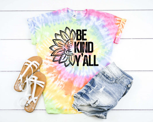 Be Kind Y&#39;all, Be Nice, Kindness Inspirational Tie Dye Graphic Tee T-Shirt