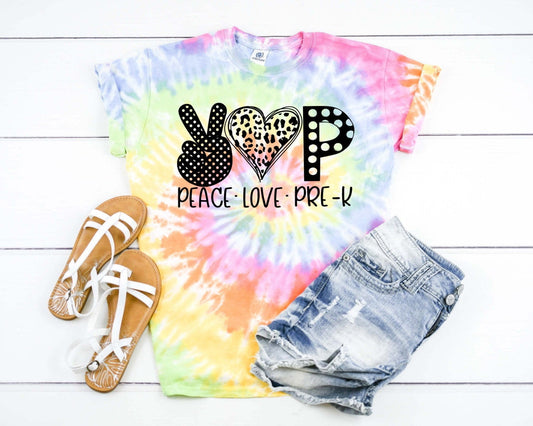 Peace Love Pre K, Pre Kindergarten Team, Back To School Teacher Tie Dye Graphic Tee T-Shirt