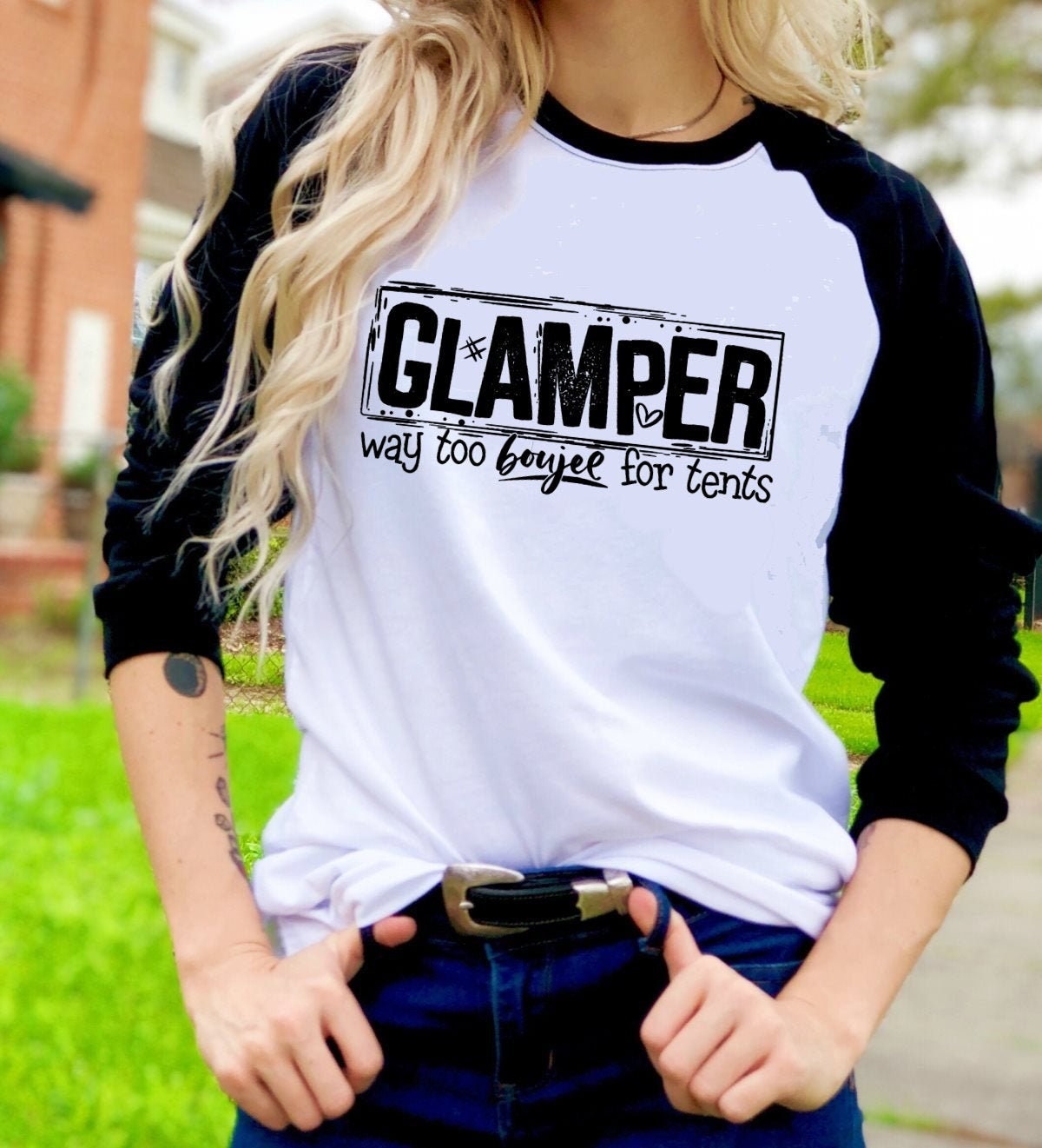 Glamper Way to Boujee for Tents, Happy Glamper, Happy Camper Camping RV Camp Novelty Graphic Tee T-Shirt Raglan Shirt