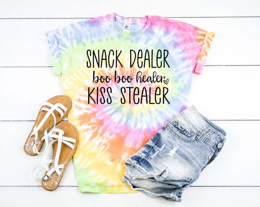 Snack Dealer Boo Boo Healer Kiss Stealer, Funny Mom Shirt, Preschool Mom, Mother's Day Shirt, Babysitter Tie Dye Graphic Tee T-Shirt