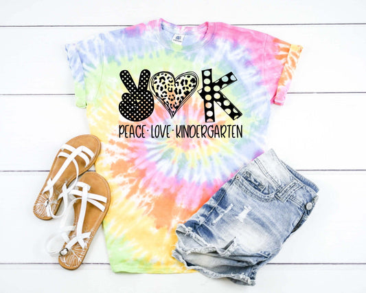 Peace Love Kindergarten, Kinder Team, Back To School Teacher Tie Dye Graphic Tee T-Shirt