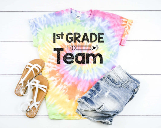 1st Grade Team Pencil, First Grade Team, Back To School Teacher Tie Dye Graphic Tee T-Shirt