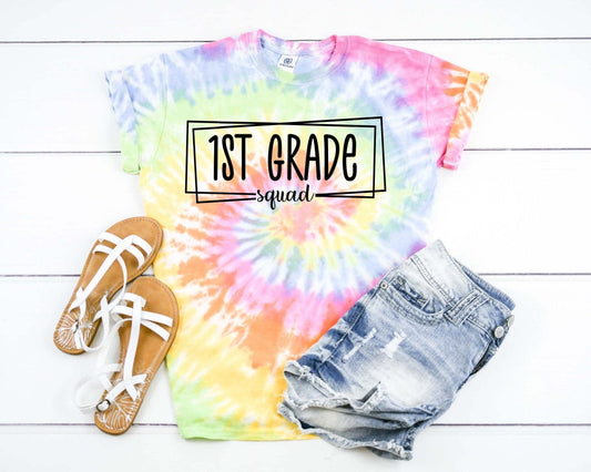 1st Grade Squad Box, First Grade Team, Back To School Teacher Shirt Tie Dye Graphic Tee T-Shirt