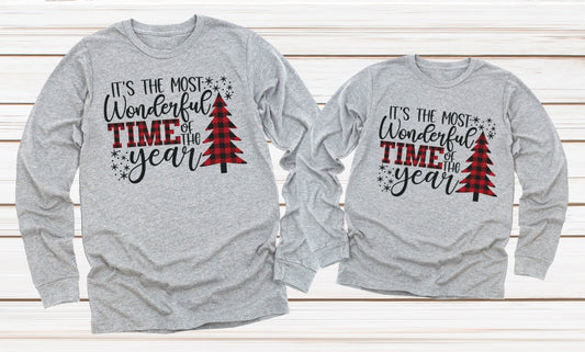 Most Wonderful Time Of The Year Family Shirts Buffalo Plaid Christmas Tree Tee Adult Kids Toddler Baby Shirt