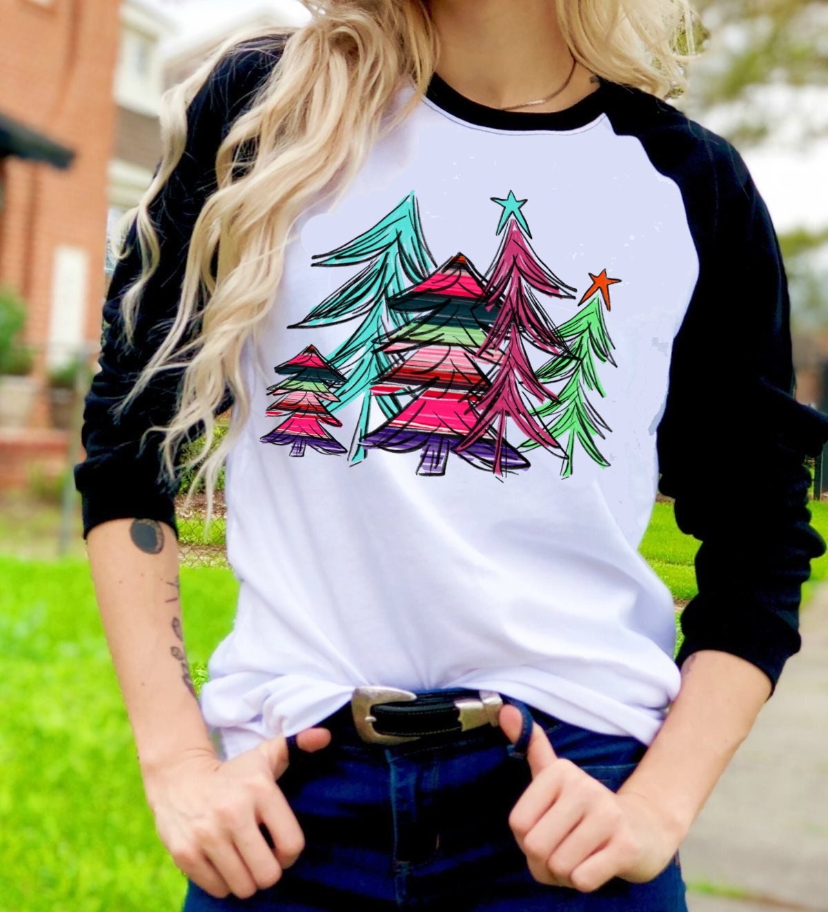 Serape Print Christmas Trees Merry Christmas Tree t-shirt Raglan shirt Novelty Graphic Tee T-Shirt Raglan