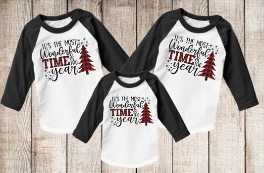 Most Wonderful Time Of The Year Merry Christmas Tree Buffalo Plaid t-shirt Raglan shirt Novelty Graphic Tee T-Shirt Raglan