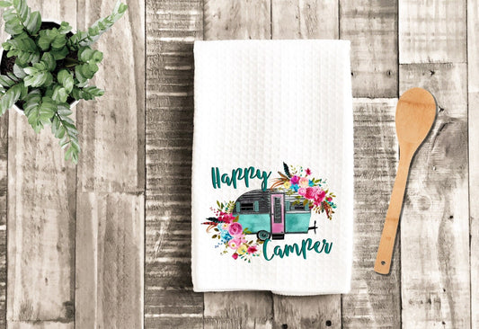 Happy Camper Watercolor Camp Dish Towel - Tea Towel Camper Kitchen Decor - Camping RV Travel Trailer Kitchen Towel