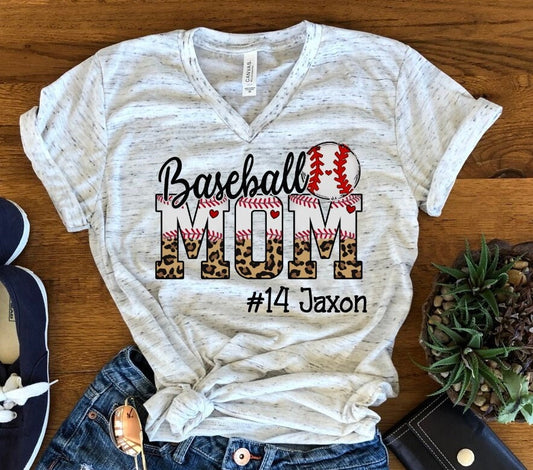 Baseball Mom Leopard Print Personalized Baseball Mom  Unisex V Neck T-Shirt