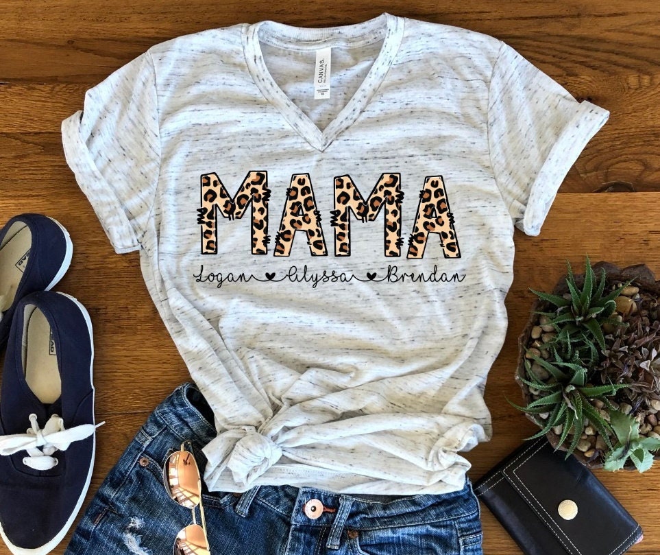 Mama Personalized Leopard Print Mother's Day Mom Gift Unisex V Neck T-Shirt