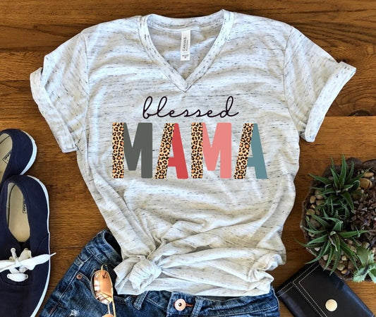 Blessed Mama Leopard Print Mom Mother's Day Unisex V Neck T-Shirt