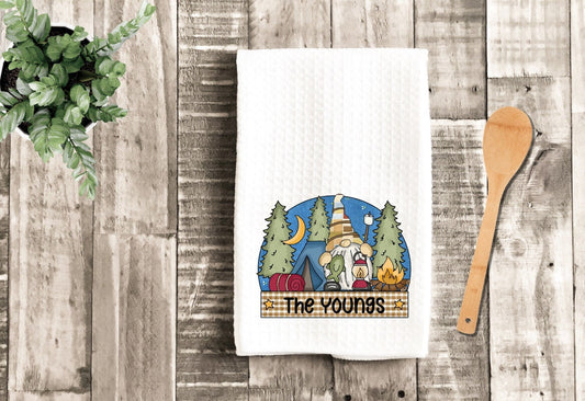 Gnome Camping Personalized Camp Dish Towel - Tea Towel Camper Kitchen Decor - Camping RV Travel Trailer Kitchen Towel