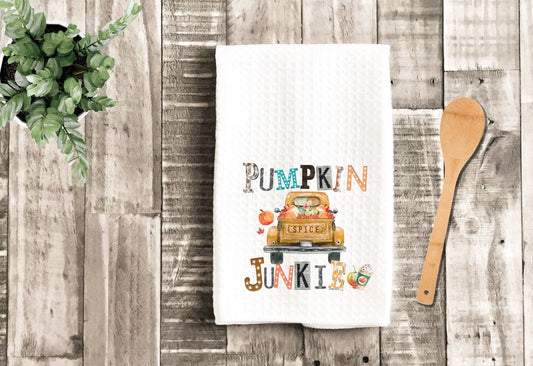 Pumpkin Spice Junkie Dish Towel - Fall Old Truck Thanksgiving Tea Towel Kitchen Decor - New Home Gift Farm Decorations house Towel
