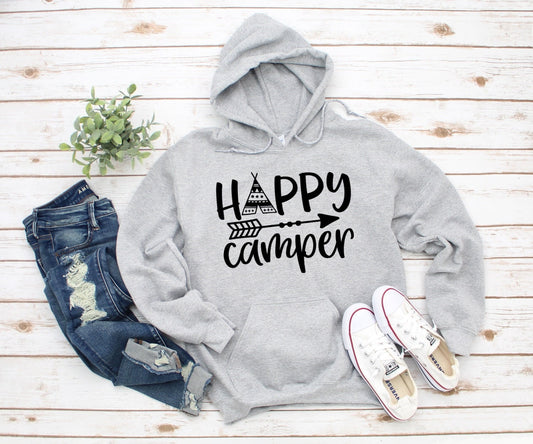 Happy Camper, Camping, RV Camp Grey Long Sleeve Hooded Sweatshirt Gray Hoodie Shirt Sweater
