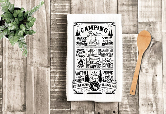 Camping Rules Sayings Funny Dish Towel - Tea Towel Camper Kitchen Decor - Camping RV Travel Trailer Kitchen Towel