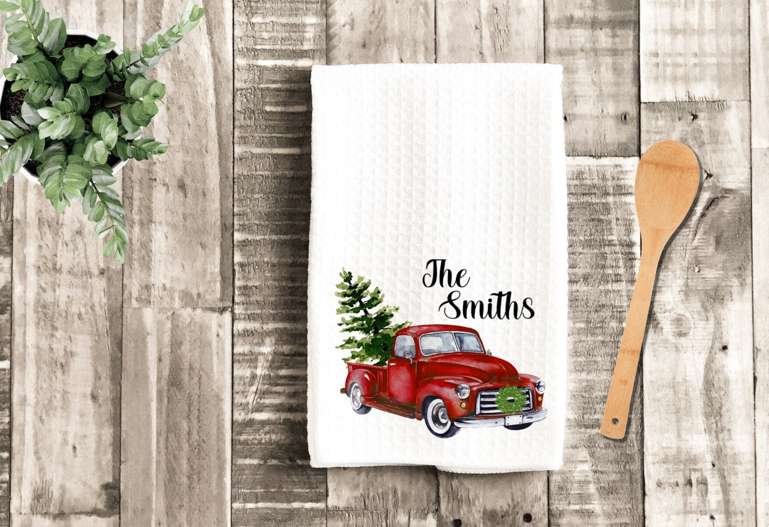 Christmas Truck Personalized Tea Dish Towel - Name Tea Towel Kitchen Décor - New Home Gift, Housewarming Farm Decorations house Towel