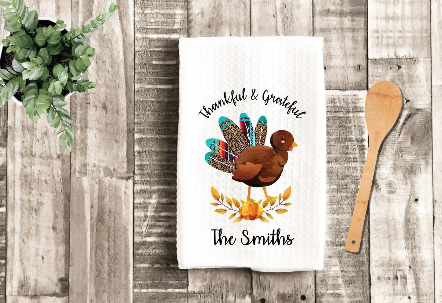 Thankful Grateful Personalized Thanksgiving Dish Towel - Fall Turkey Tea Towel Kitchen Decor - New Home Gift Farm Decorations house Towel