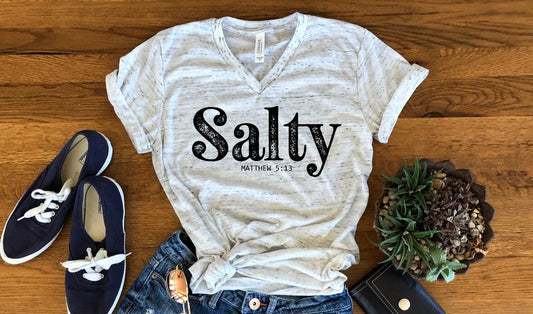 Salty Matthew 5 13, Motivational, Christian Tee, Inspirational Unisex V Neck Graphic Tee T-Shirt