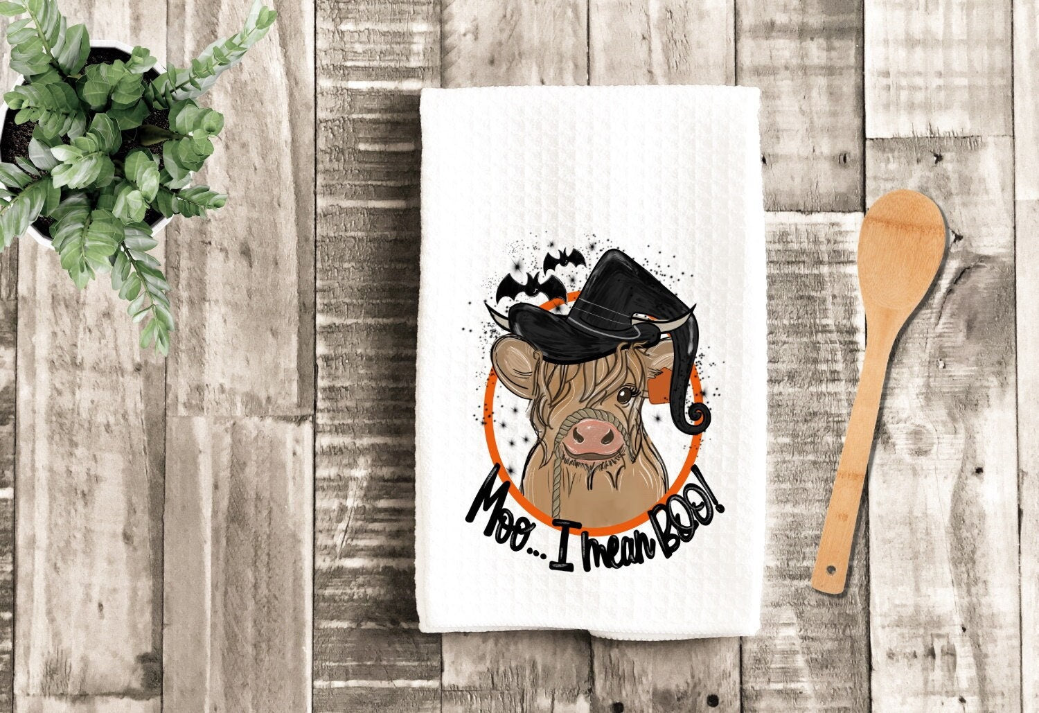 Moo I Mean Boo Dish Towel - Highland Cow Halloween Tea Towel Kitchen Decor - New Home Gift Farm Decorations house Towel