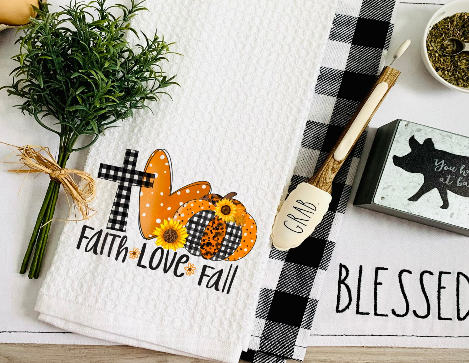 Faith Love Fall Dish Towel - Plaid Cross Thanksgiving Tea Towel Kitchen Decor - New Home Gift Farm Decorations house Towel