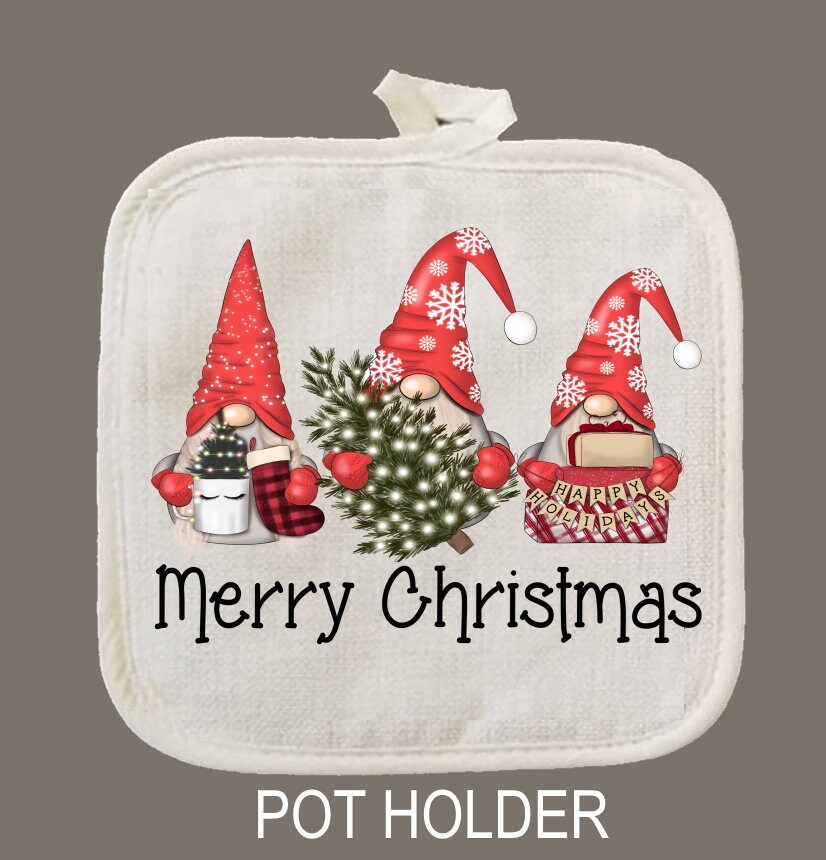 Merry Christmas Gnomes Oven Mitt & Pot Holder Set, Gnome Christmas Oven Mitts, Gifts for Mom, Christmas Gift