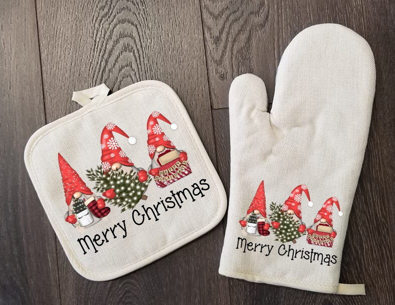 Merry Christmas Gnomes Oven Mitt & Pot Holder Set, Gnome Christmas Oven Mitts, Gifts for Mom, Christmas Gift