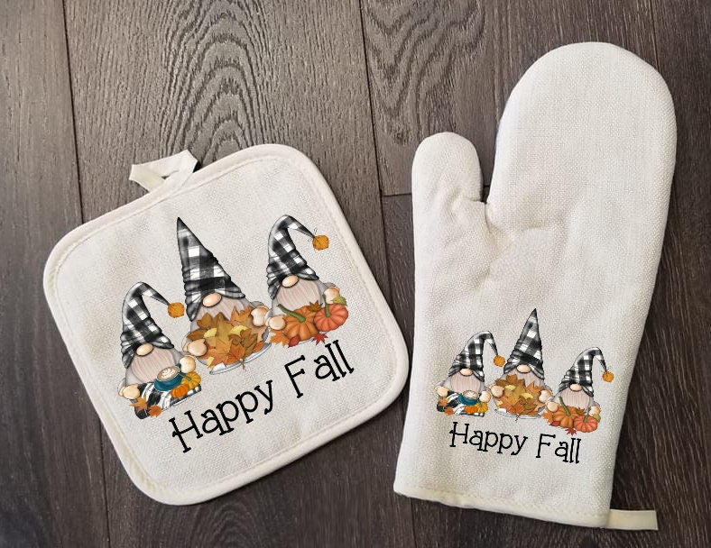 Happy Fall Gnomes Oven Mitt & Pot Holder Set, Gnome Thanksgiving Oven Mitts, Gifts for Mom, Autumn Decor