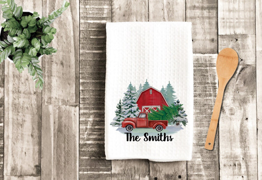 Christmas Farm Truck Personalized Tea Dish Towel - Barn Trees Tea Towel Kitchen Décor - Housewarming Farm Decorations house Towel