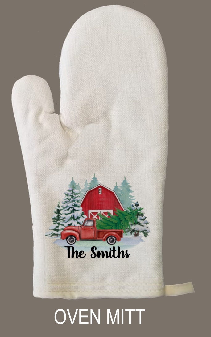 Christmas Farm Personalized Oven Mitt & Pot Holder Set, Old Truck Barn Christmas Gift Set Oven Mitts, Gifts for Mom, Christmas Truck