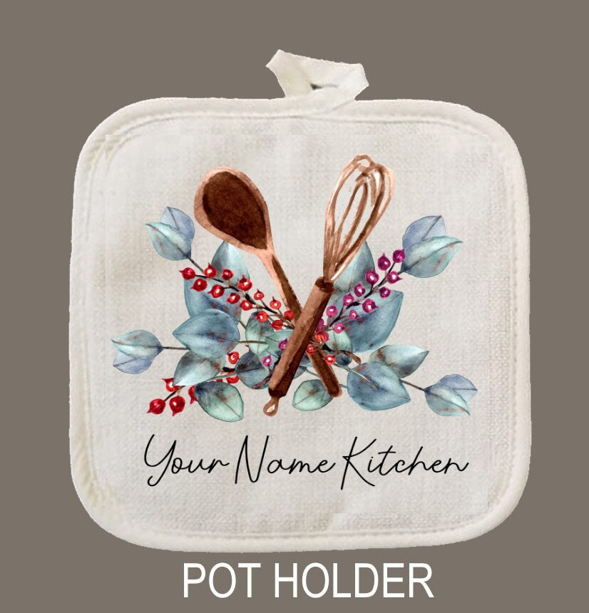 Personalized Oven Mitt & Pot Holder Set, Grandma Gift Set Floral Whisk Spoon Oven Mitts, Gifts for Mom, Camping RV