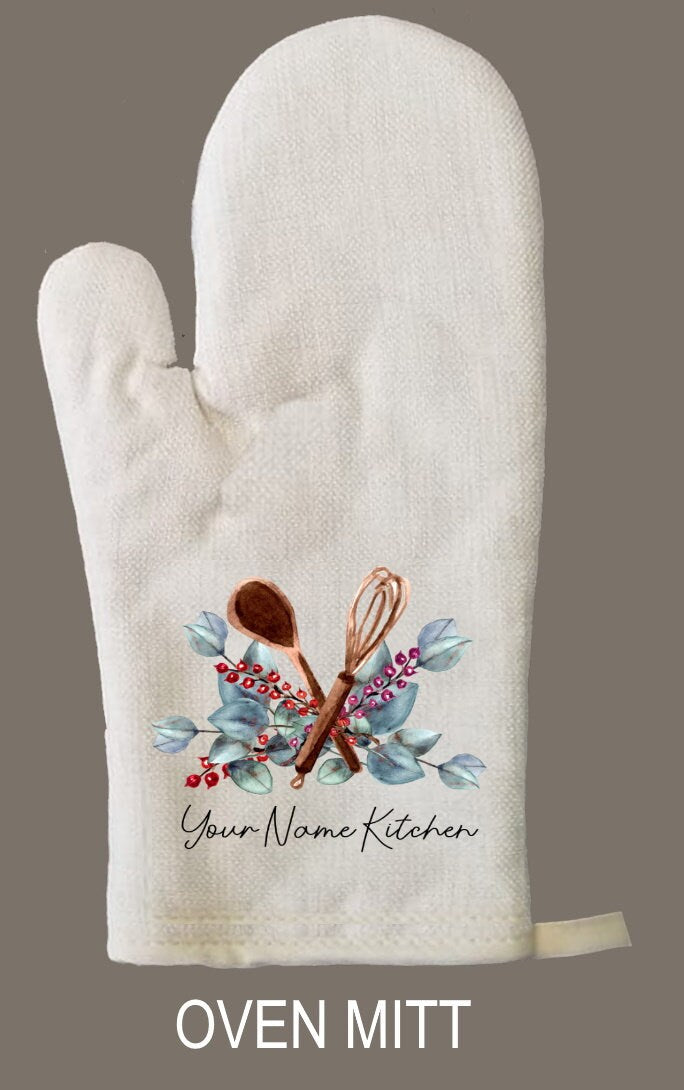 Personalized Oven Mitt & Pot Holder Set, Grandma Gift Set Floral Whisk Spoon Oven Mitts, Gifts for Mom, Camping RV