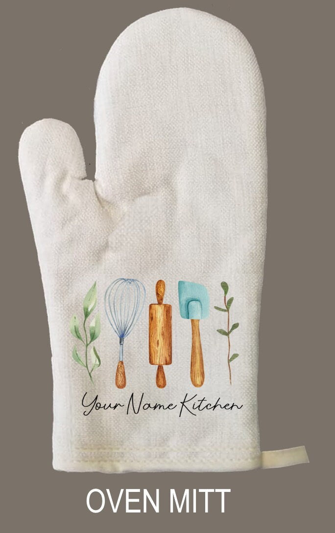 Personalized Oven Mitt & Pot Holder Set, Grandma Gift Set Hand Drawn Whisk Spoon Oven Mitts, Gifts for Mom, Camping RV