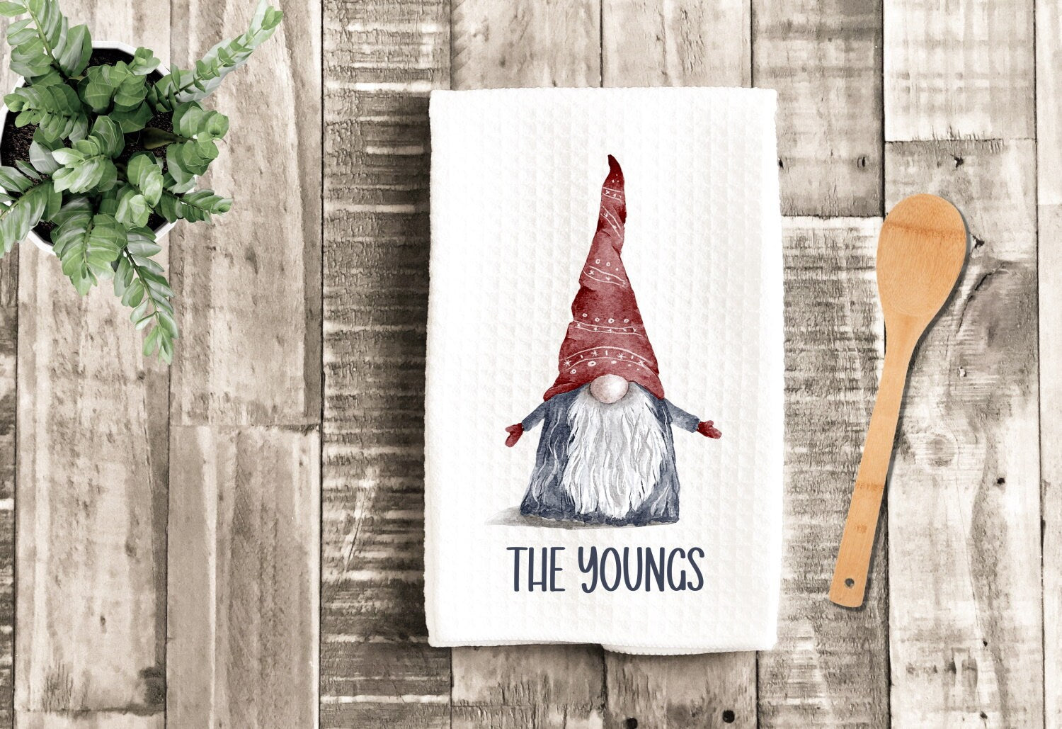 Watercolor Gnome Personalized Tea Dish Towel - Christmas Towel Kitchen Décor - Housewarming Farm Decorations house Towel