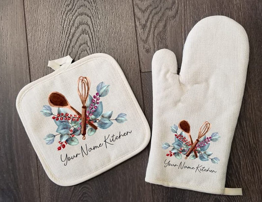 Personalized Oven Mitt & Pot Holder Set, Grandma Gift Set Floral Whisk Spoon Oven Mitts, Gifts for Mom, Camping RV