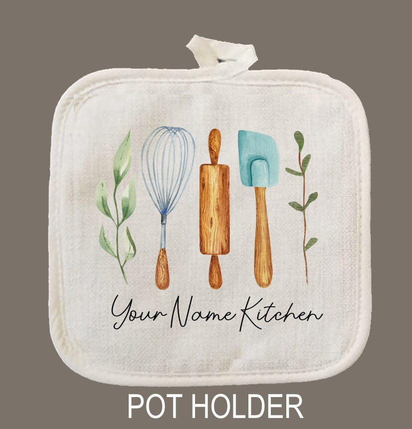 Personalized Oven Mitt & Pot Holder Set, Grandma Gift Set Hand Drawn Whisk Spoon Oven Mitts, Gifts for Mom, Camping RV