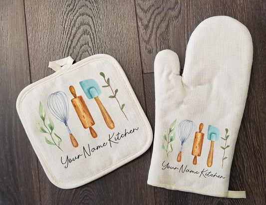 Personalized Oven Mitt & Pot Holder Set, Grandma Gift Set Hand Drawn Whisk Spoon Oven Mitts, Gifts for Mom, Camping RV