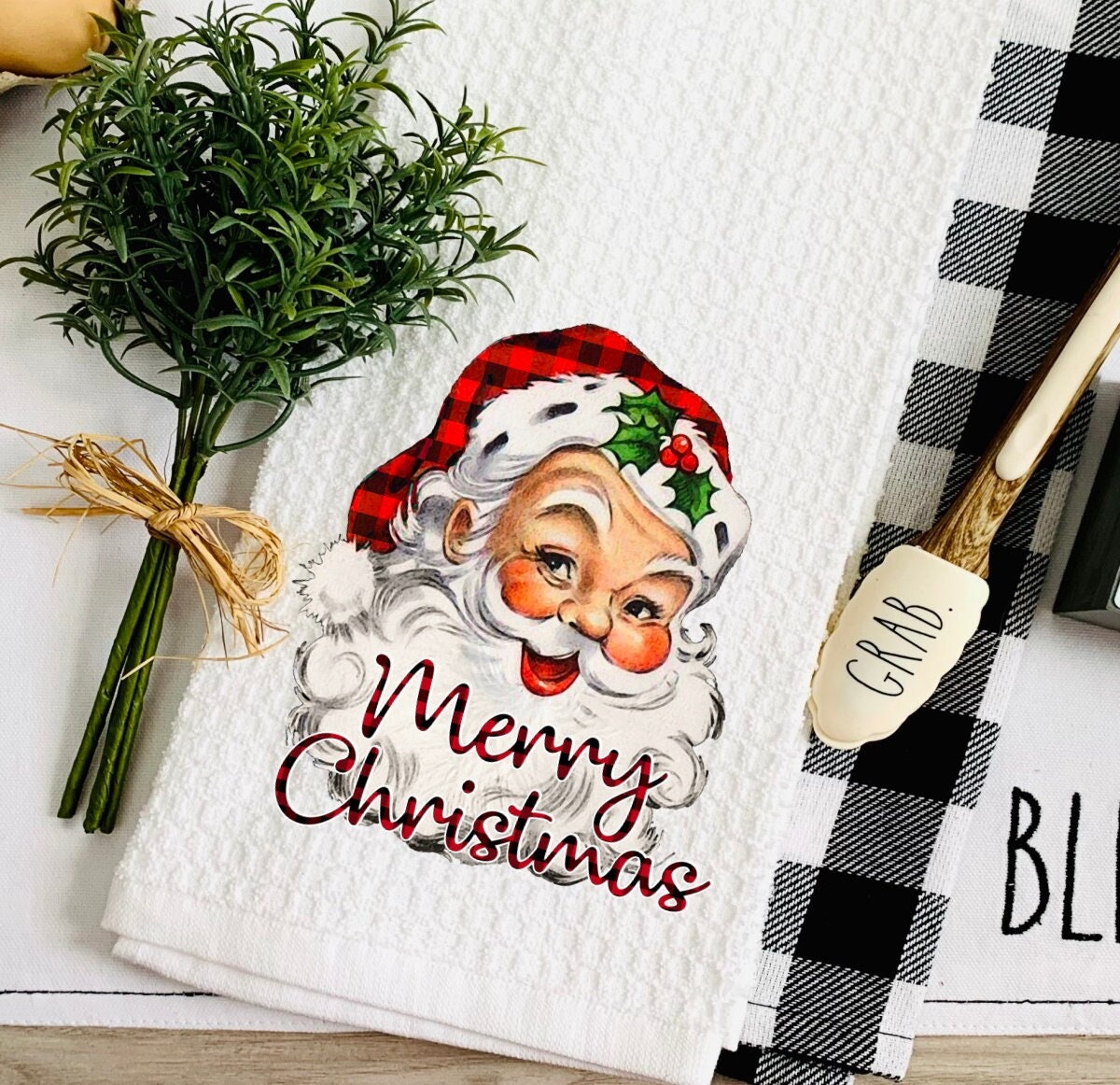 Christmas Santa Tea Dish Towel - Retro Vintage Santa Claus Tea Towel Kitchen Décor - Farm Decorations house Towel