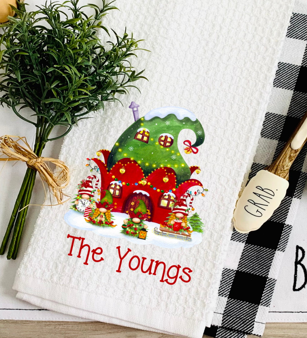 Christmas Elf Gnomes Personalized Tea Dish Towel - Christmas Gnome Elves Towel Kitchen Décor - Housewarming Farm Decorations house Towels