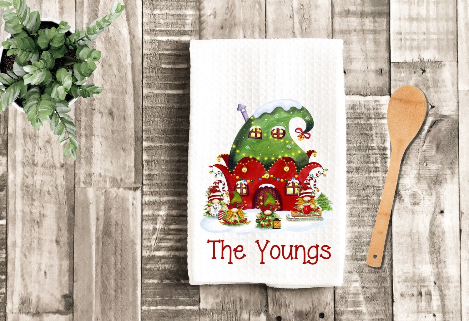 Christmas Elf Gnomes Personalized Tea Dish Towel - Christmas Gnome Elves Towel Kitchen Décor - Housewarming Farm Decorations house Towels