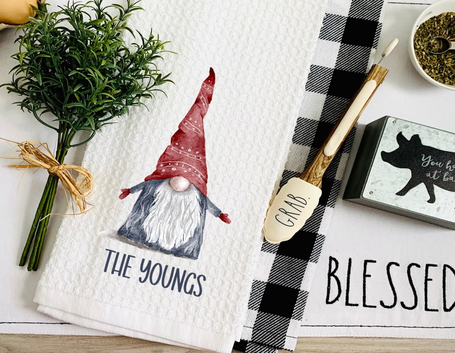 Watercolor Gnome Personalized Tea Dish Towel - Christmas Towel Kitchen Décor - Housewarming Farm Decorations house Towel