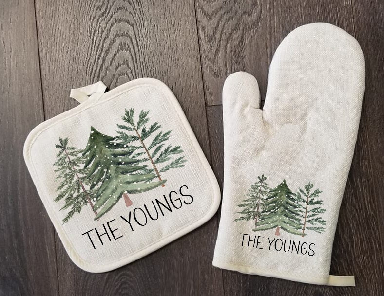 Christmas Farm Trees Personalized Oven Mitt & Pot Holder Set, Fir Tree Christmas Gift Set Oven Mitts, Gifts for Mom