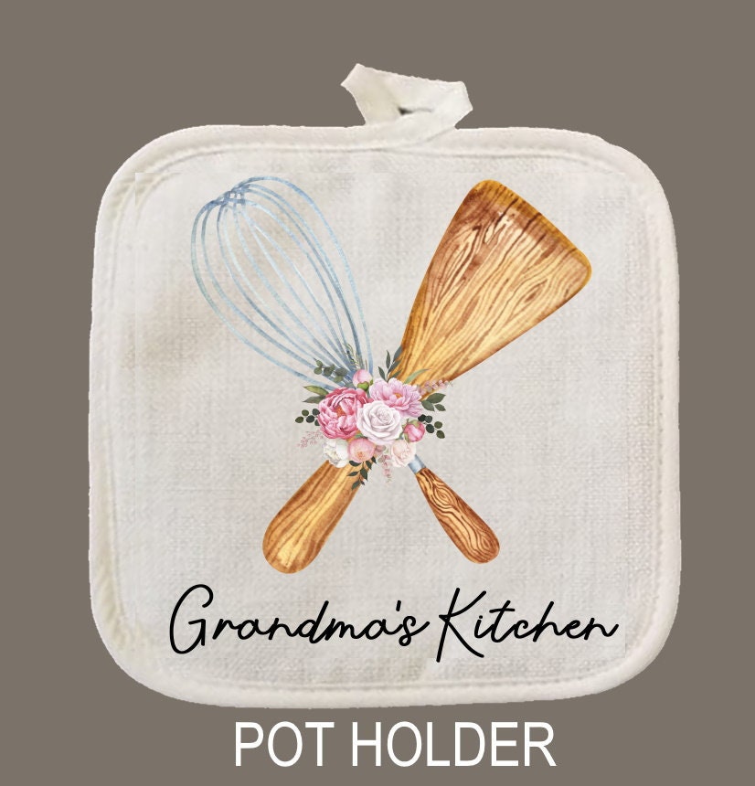 Personalized Oven Mitt & Pot Holder Set, Grandma Gift Set Watercolor Whisk Spoon Oven Mitts, Gifts for Mom, Camping RV