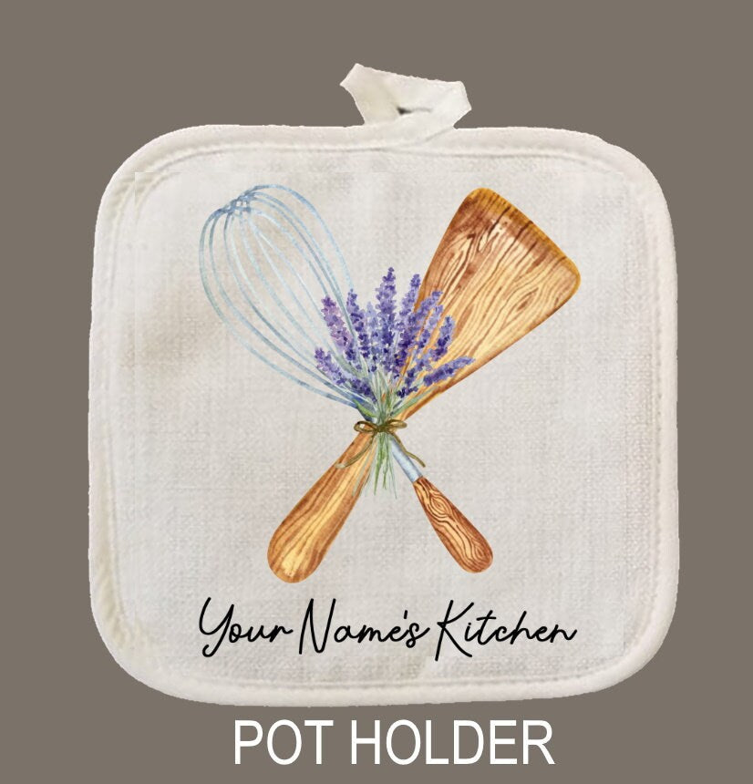Personalized Oven Mitt & Pot Holder Set, Grandma Gift Set Whisk Spoon Lavender Oven Mitts, Gifts for Mom, Camping RV
